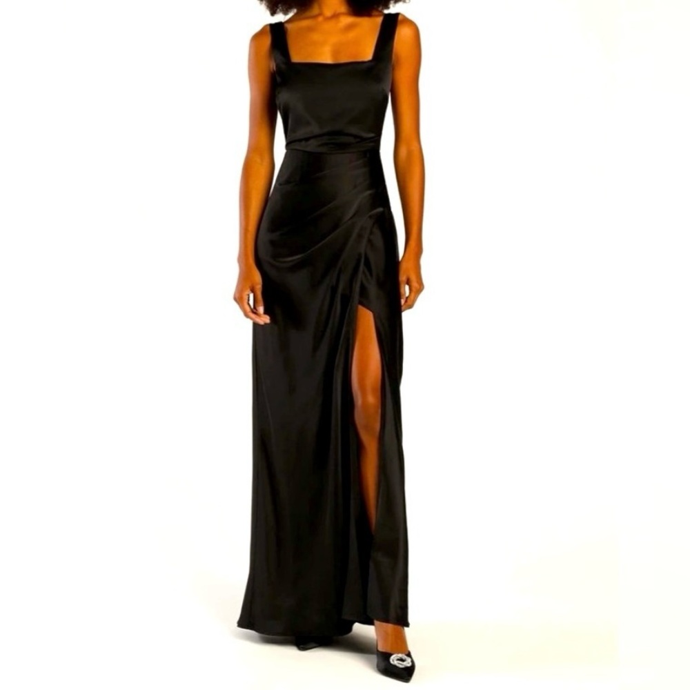 Black satin feel square formal dress. Small. - Picture 3 of 5